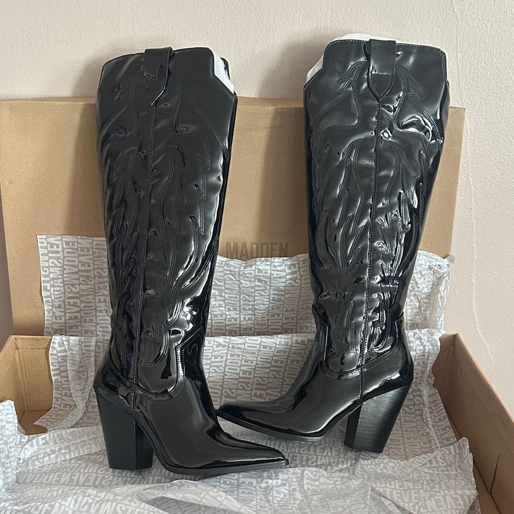Steve Madden Tessy Western Boots in “Black Patent”